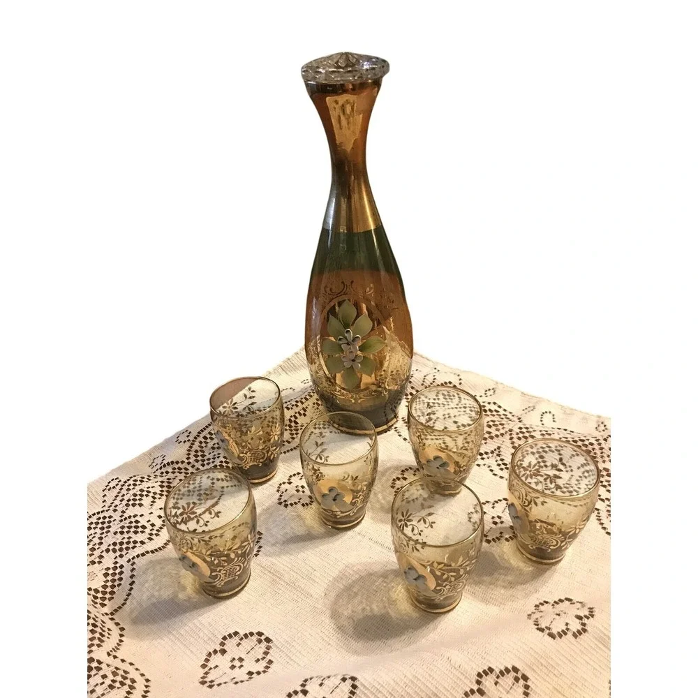 Vintage Italian Amber Glass Decanter Set Gold Gilt Hand Painted Floral 7 Piece